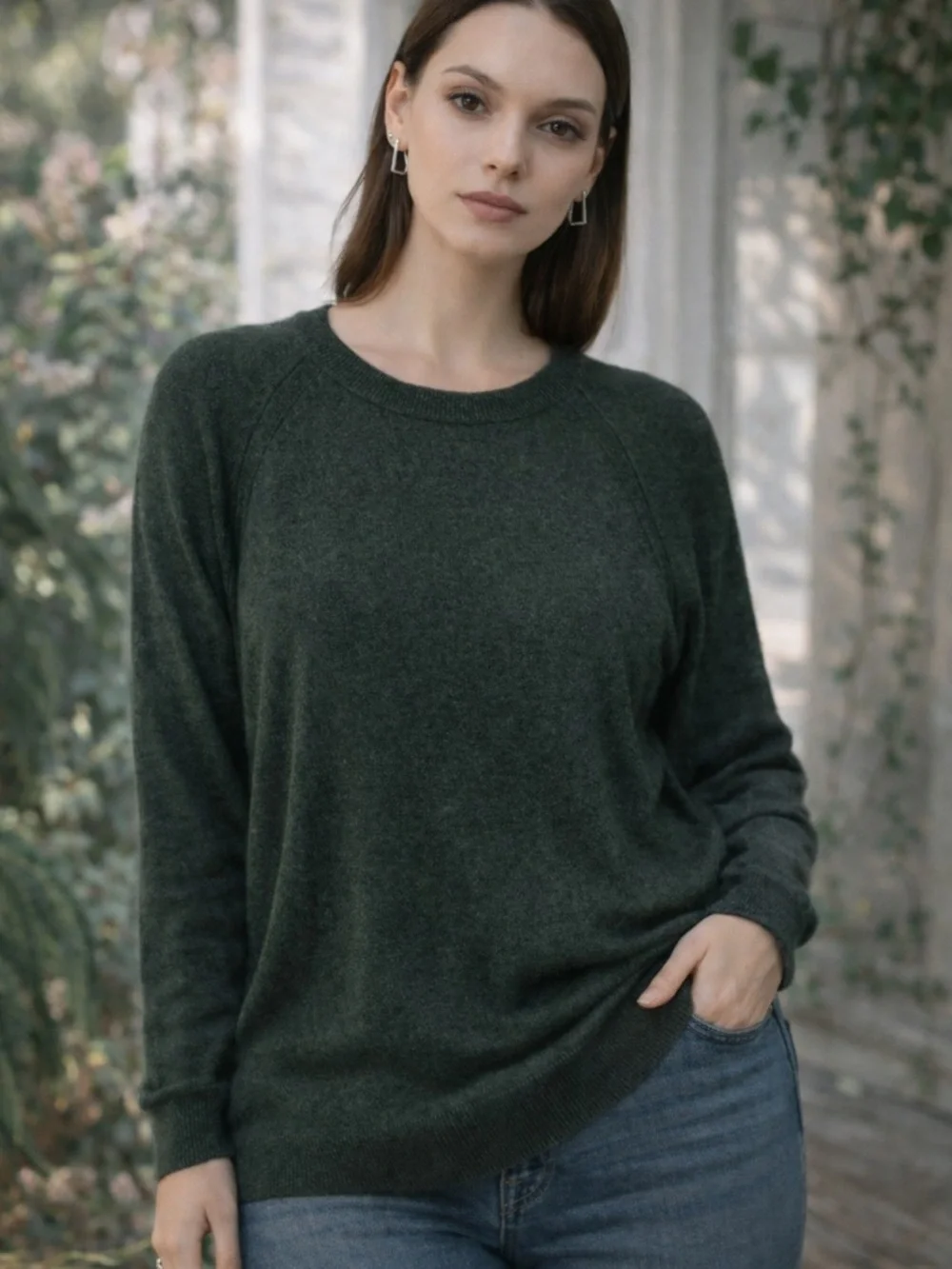 J.Crew Dark Green Raglan Sleeve Knit Sweater Size Large